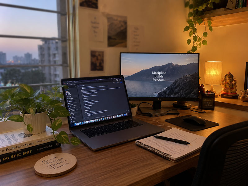 Developer desk at sunset
