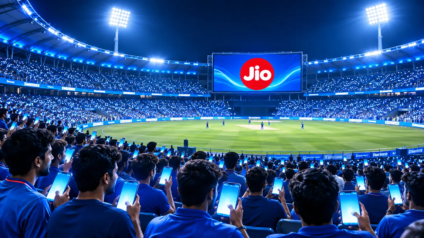 Cricket Stadium Glowing Under Blue Lights watching IPL on mobile phones