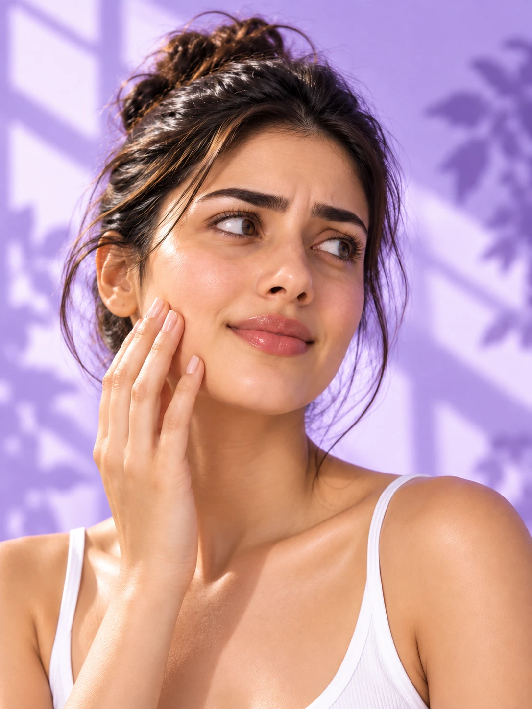 Young woman with clear glowing skin showing smooth texture after successful skincare treatment