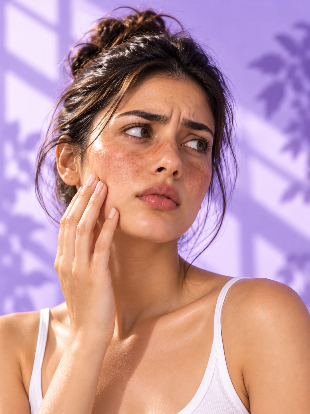 Young woman touching her face showing skin concerns and hyperpigmentation before treatment