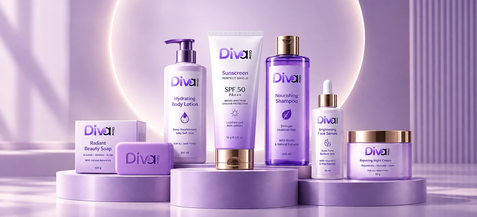 Full range of Diva Glow purple skincare and body care products on podiums