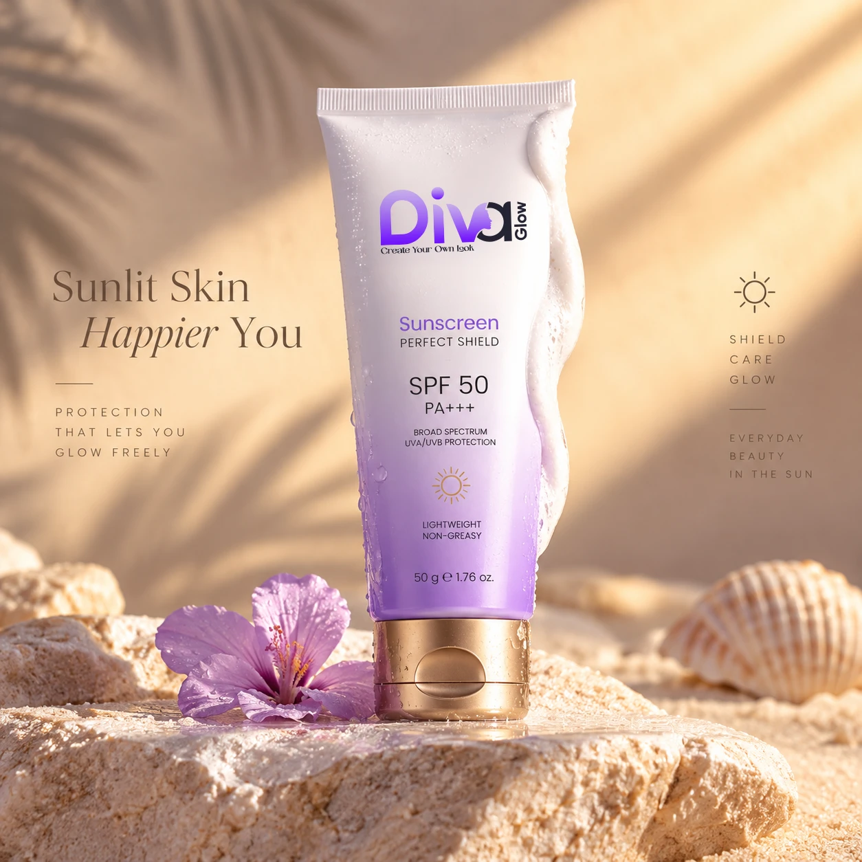 Diva Glow SPF 50 sunscreen tube on sandy beach
