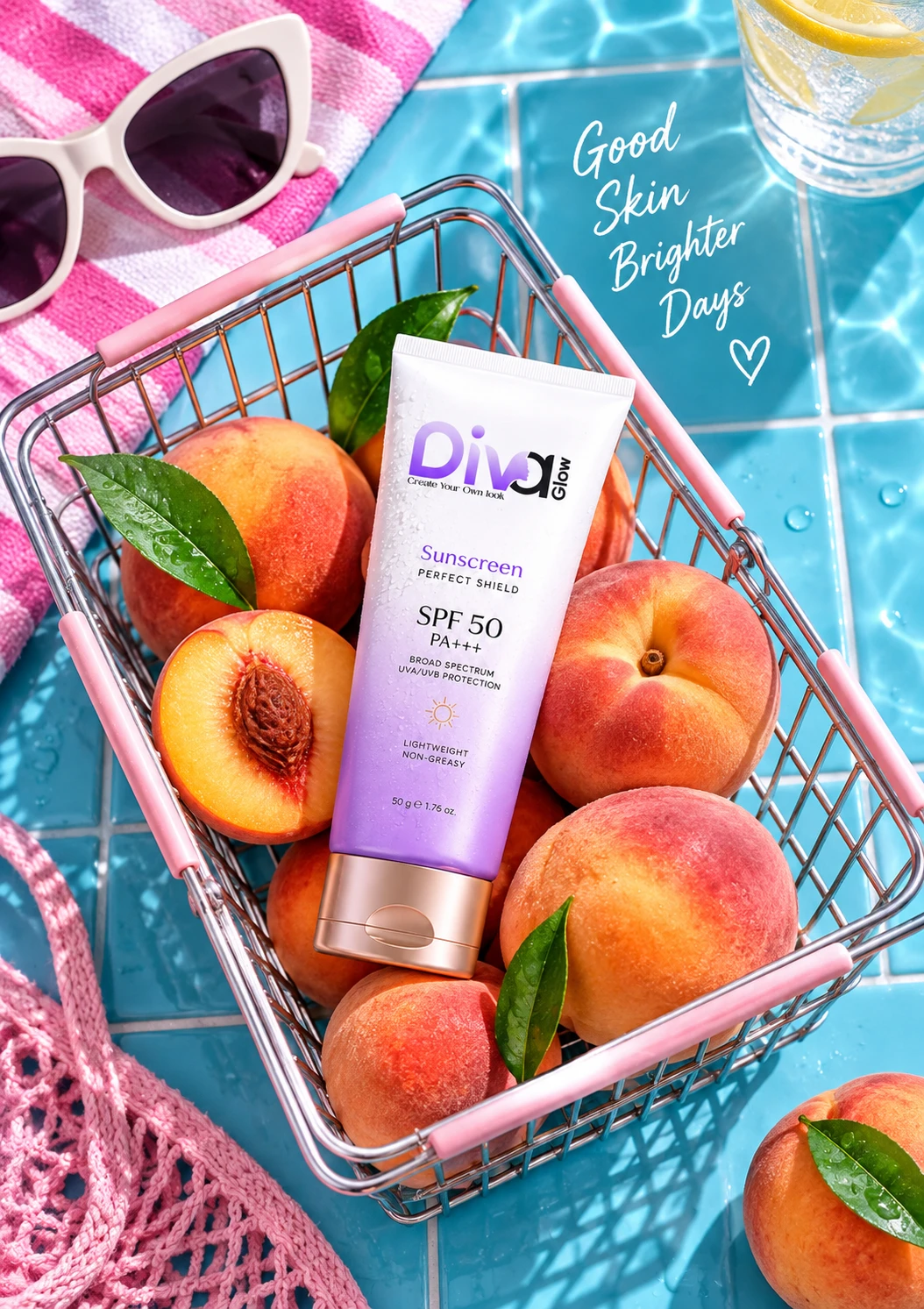 Diva Glow sunscreen tube inside basket with fresh peaches