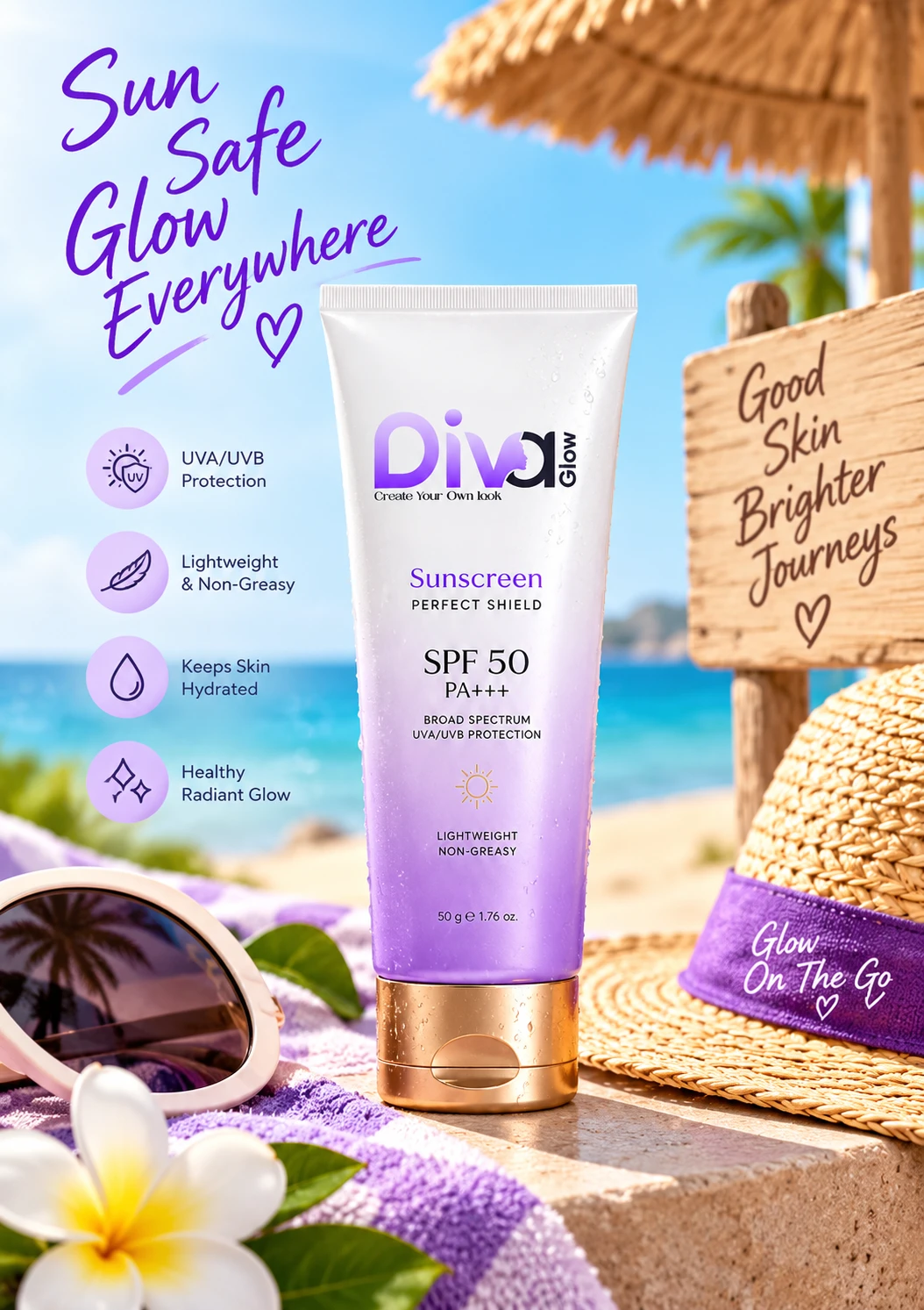 Diva Glow sunscreen benefits infographic and beach setting