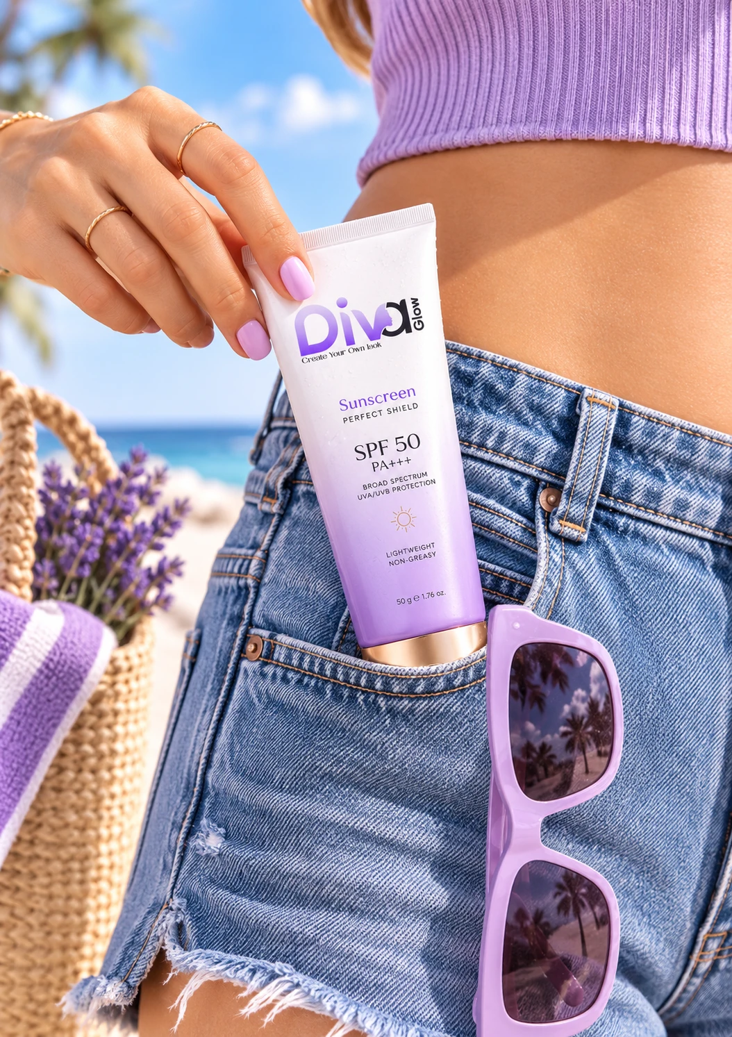 Diva Glow sunscreen tube in denim shorts pocket outdoors