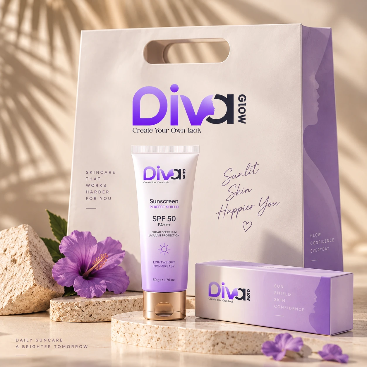 Diva Glow sunscreen tube and packaging box with flowers on stone podium