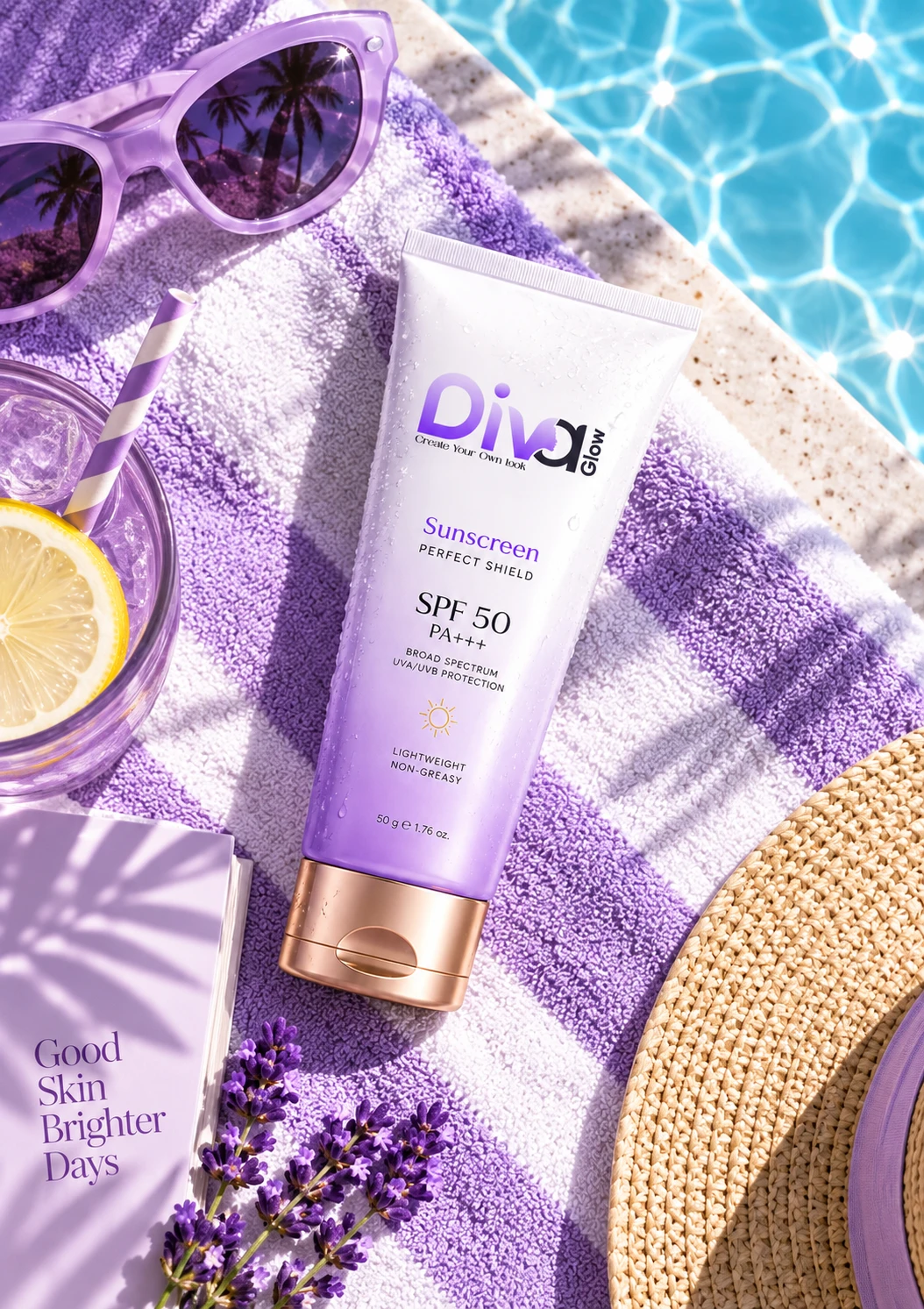 Diva Glow sunscreen tube resting on purple pool towel