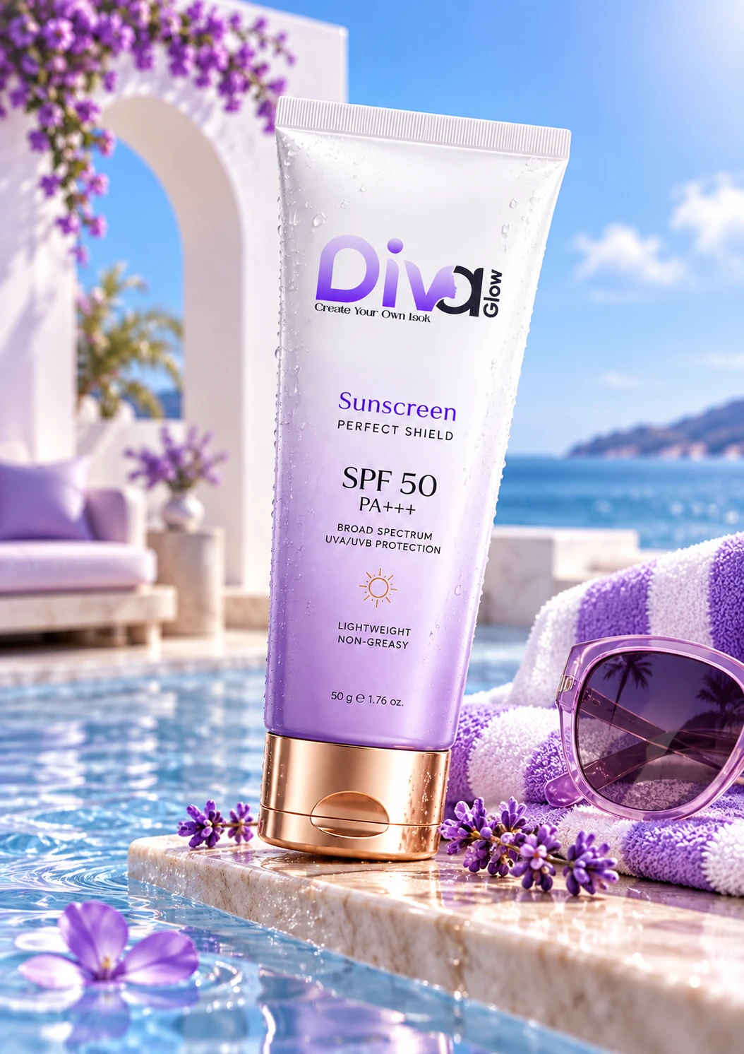Diva Glow sunscreen tube by luxury swimming pool resort