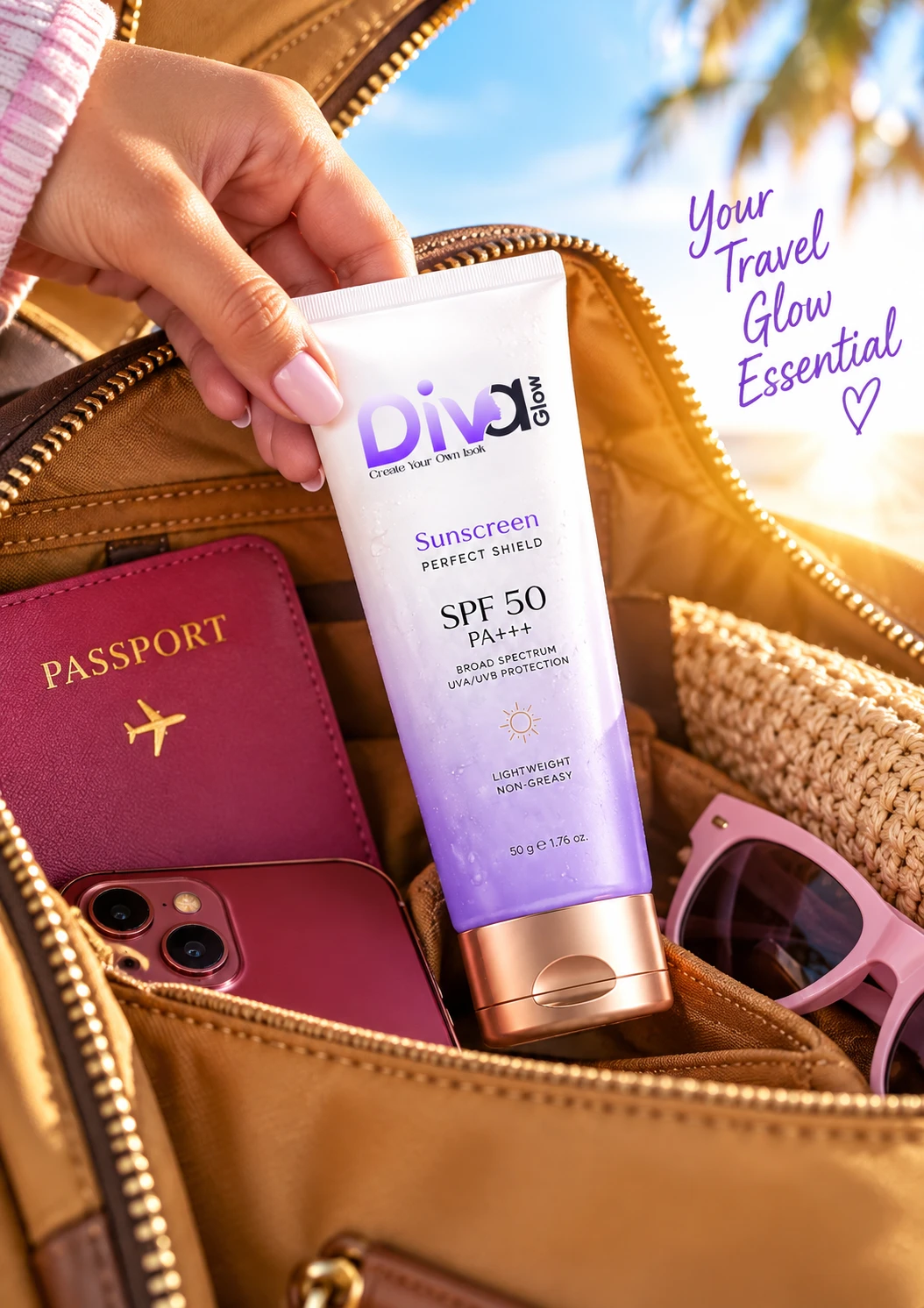 Diva Glow travel size sunscreen inside makeup bag