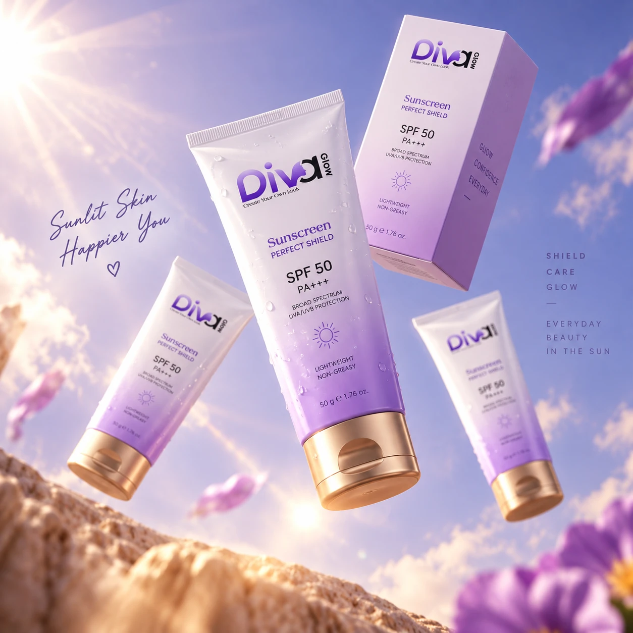 Floating Diva Glow sunscreen bottles against a bright sunny sky background