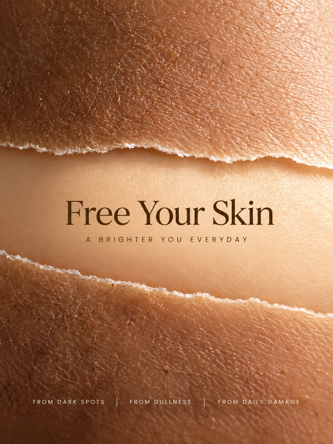 Text graphic Free Your Skin overlaid on textured skin background banner
