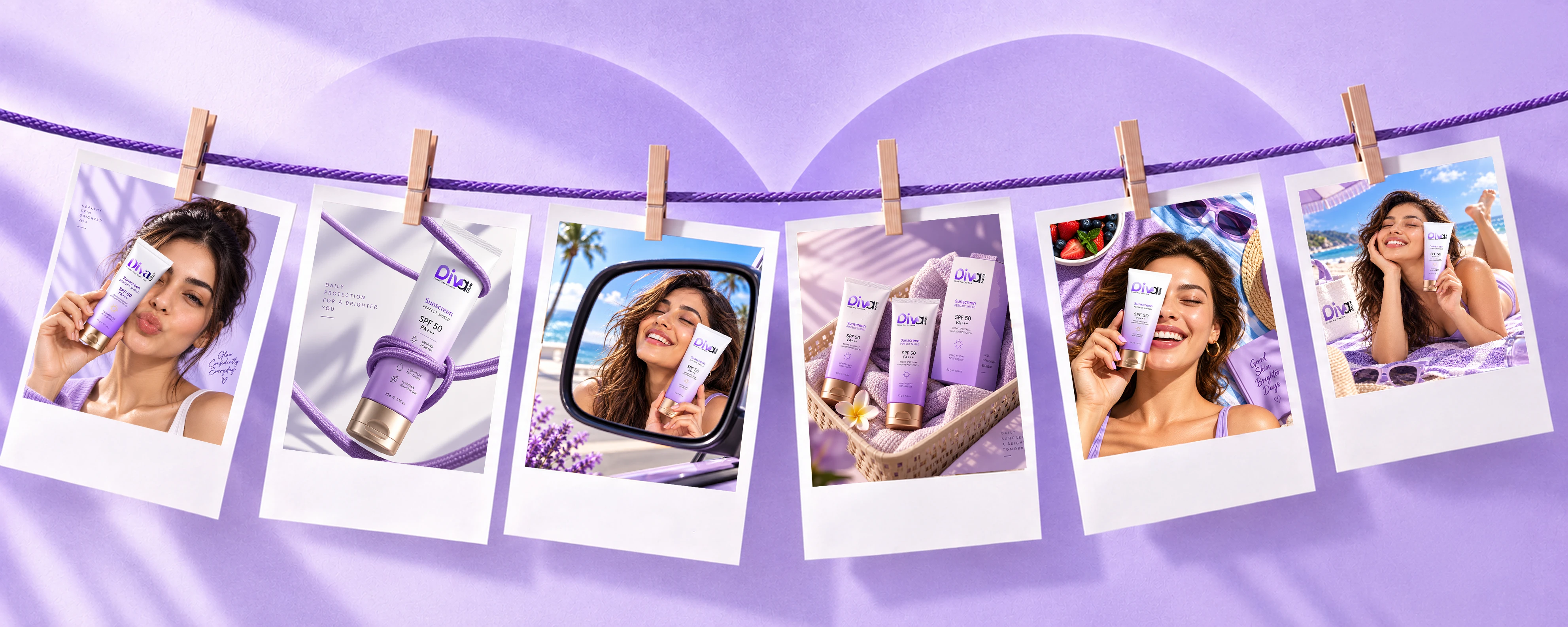 Polaroid photo prints hanging on a purple background showcasing sunscreen products