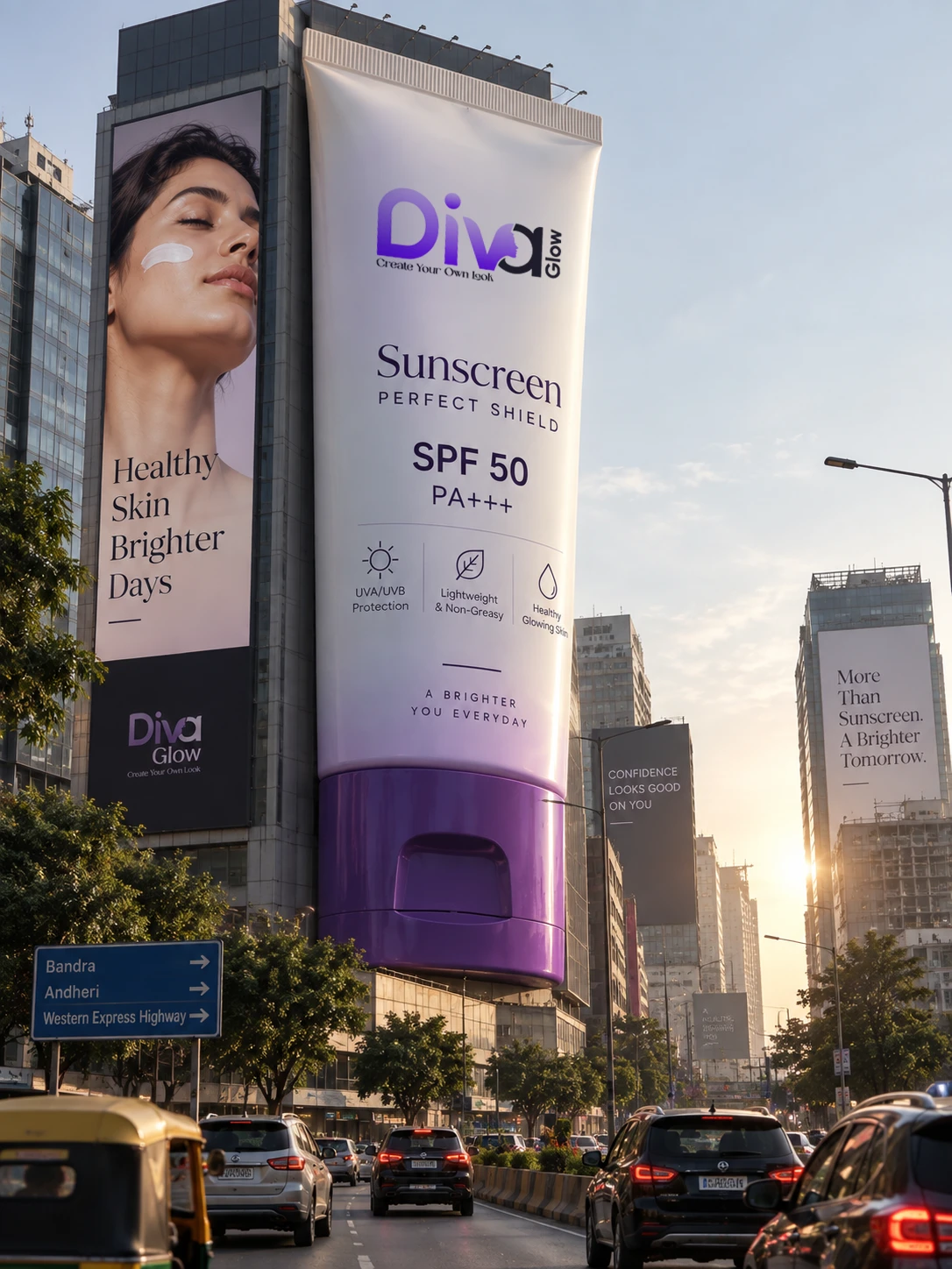 Giant Diva Glow sunscreen billboard on a bustling city building facade