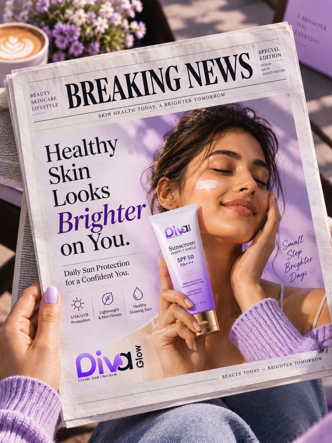 Woman holding a lifestyle magazine featuring Diva Glow sunscreen on the cover