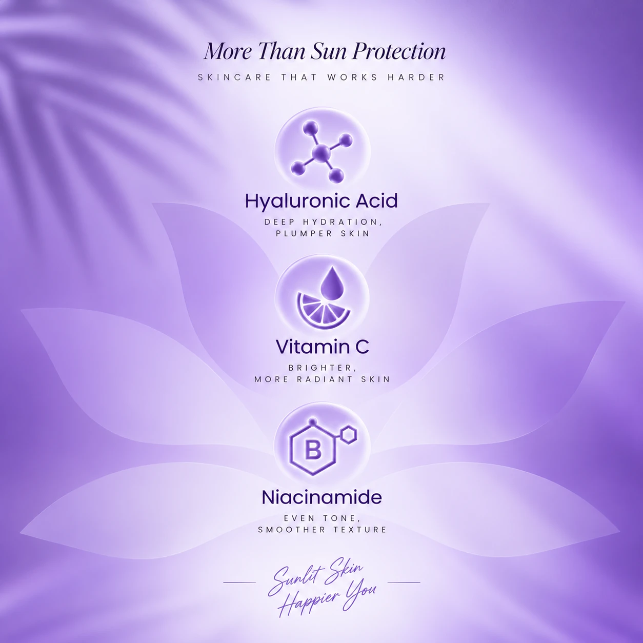Skincare product features infographic highlighting hyaluronic acid, vitamin C, and niacinamide