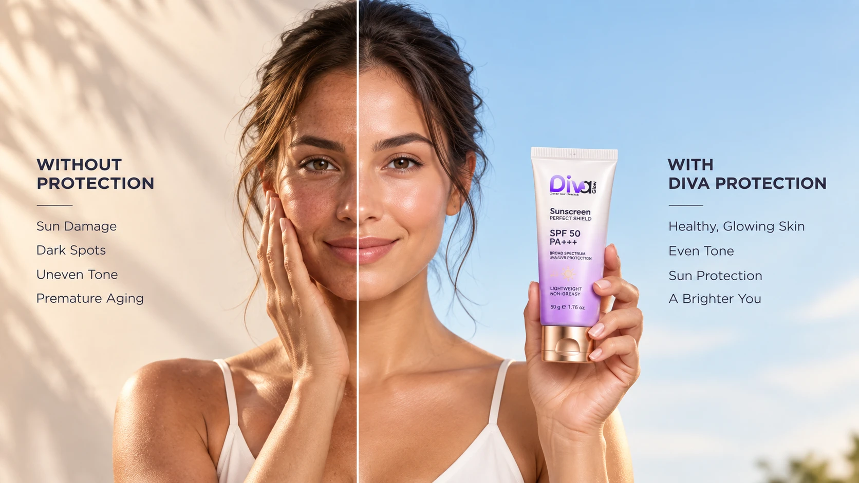 Before and after comparison of woman face showing sun protection results