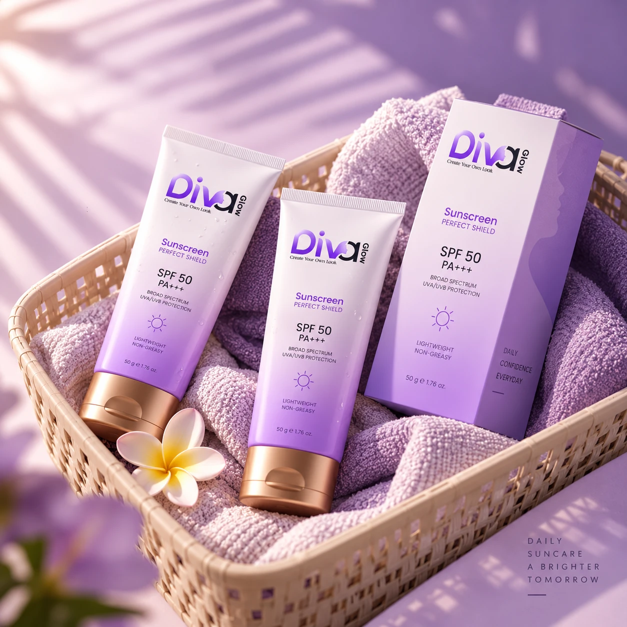 Diva Glow sunscreen tubes and box arranged inside a cozy woven basket