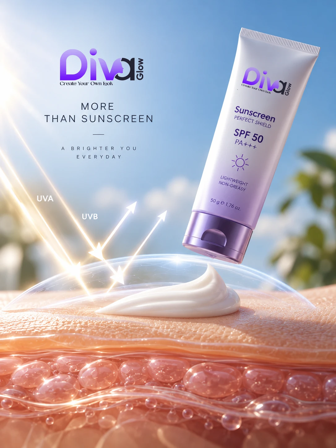 Diva Glow sunscreen demonstrating UVA and UVB rays protection shield on skin