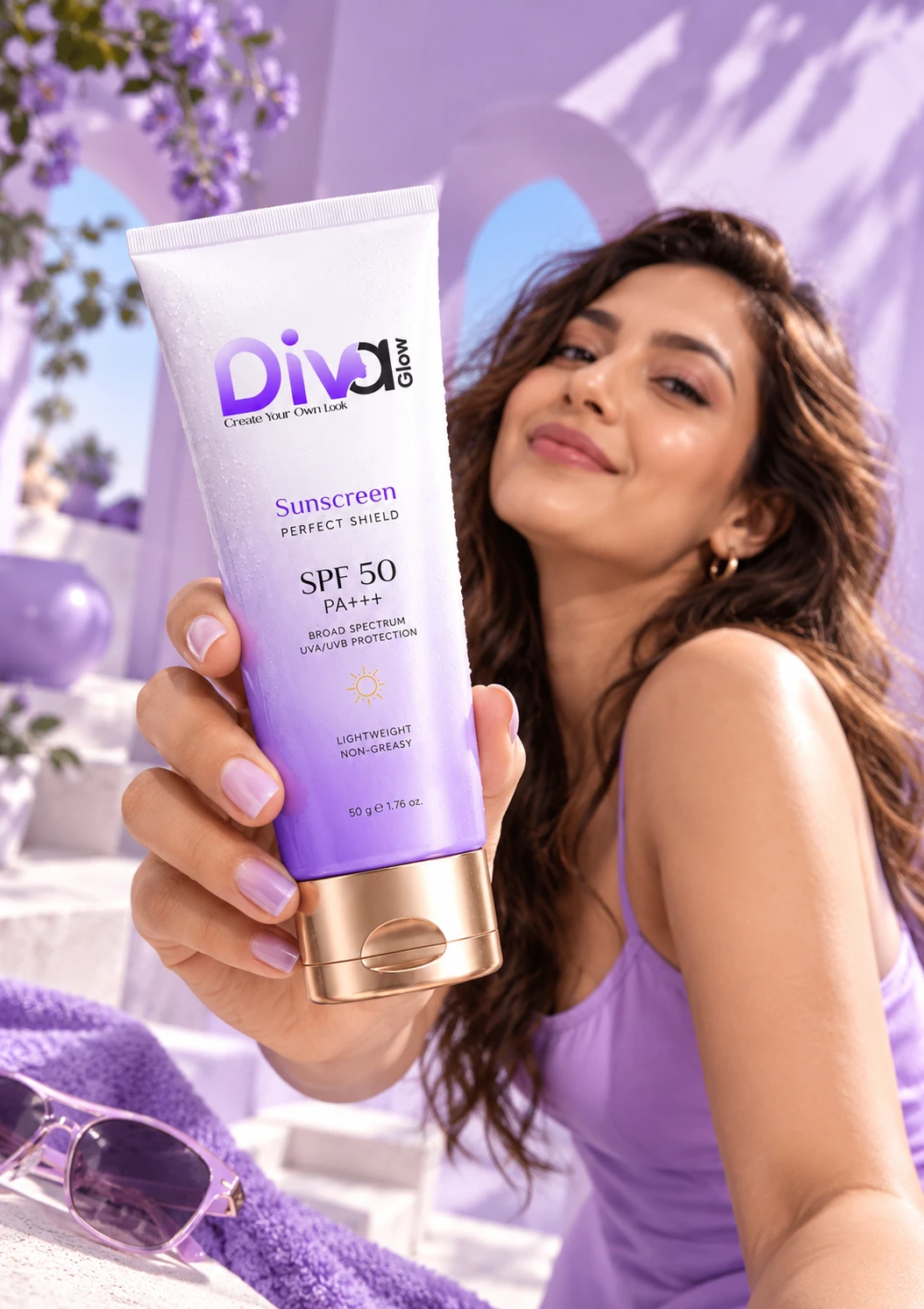 Woman holding Diva Glow SPF 50 sunscreen outdoors