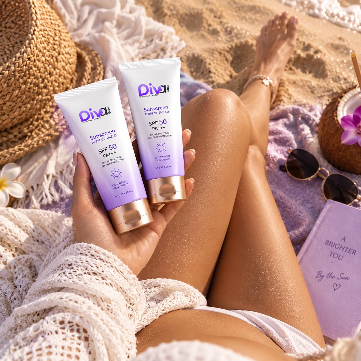 Woman holding two Diva Glow sunscreen tubes on beach