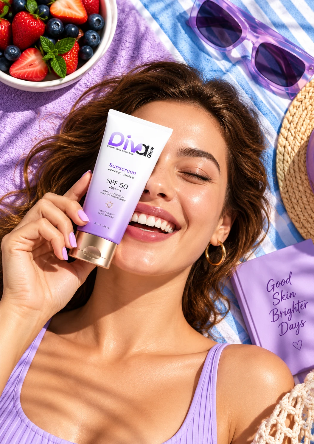 Woman holding Diva Glow sunscreen tube over face smiling